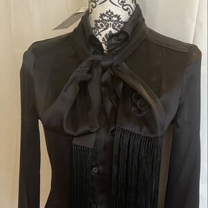 NWT! RARE! Black Gucci Bow Blouse w Monogram Fringe Bow Scarf Size 40